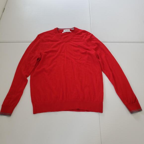 Calvin Klein Sweater Mens Medium Red V-Neck 100% Merino Wool European Yarn Knit - Picture 1 of 8